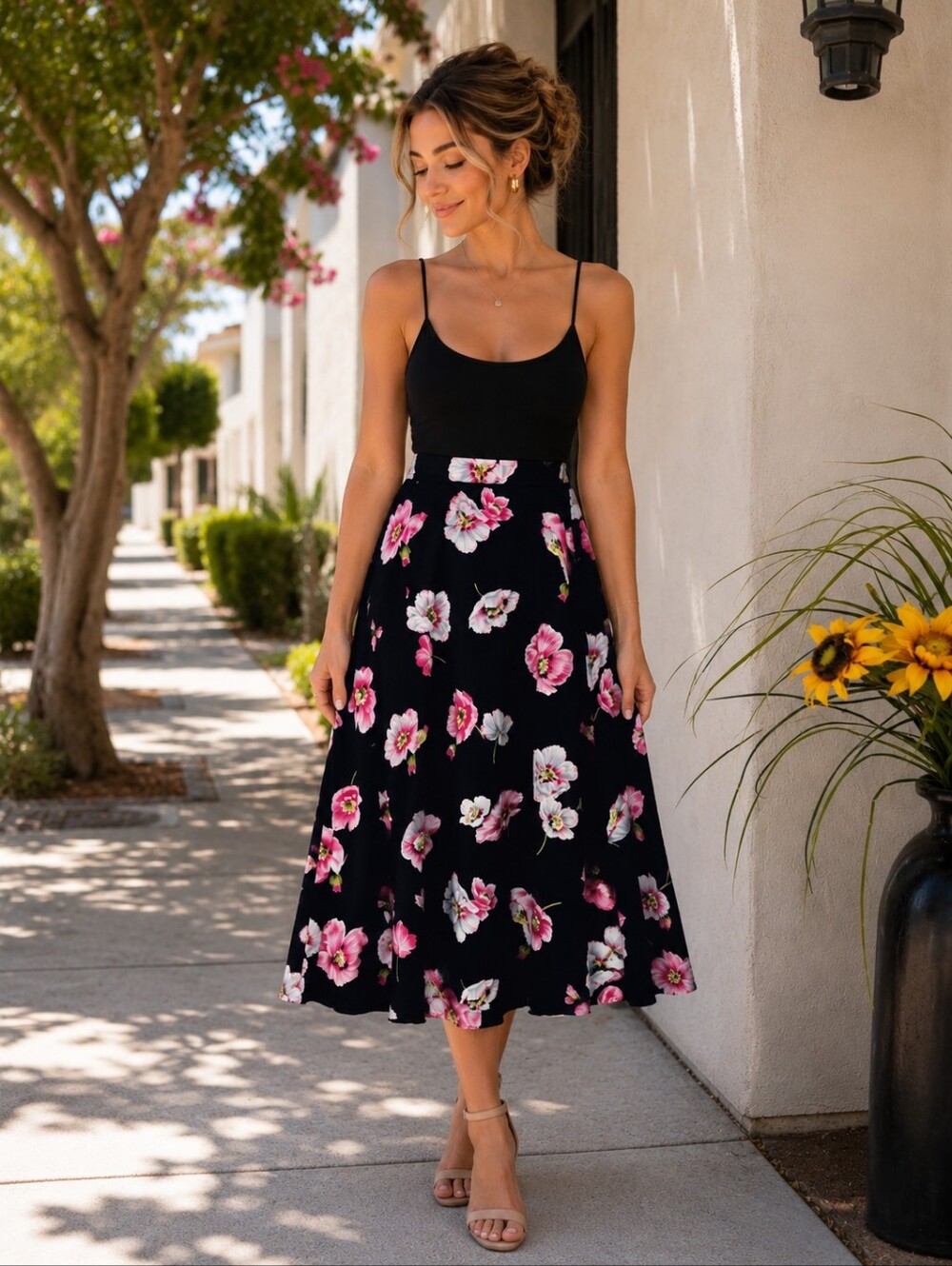Koret Petite Floral Midi Skirt Black Pink Flower Print Size 6P